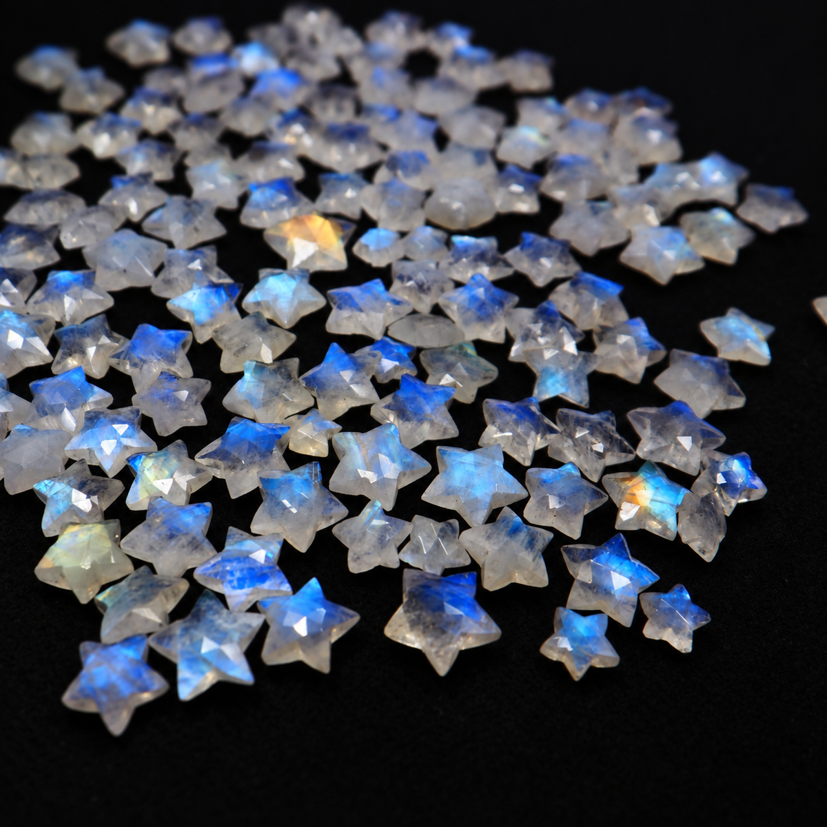 Natural White Rainbow Moonstone Star Rose Cut 7-12mm - milky white with blue flash - Pedra Gems