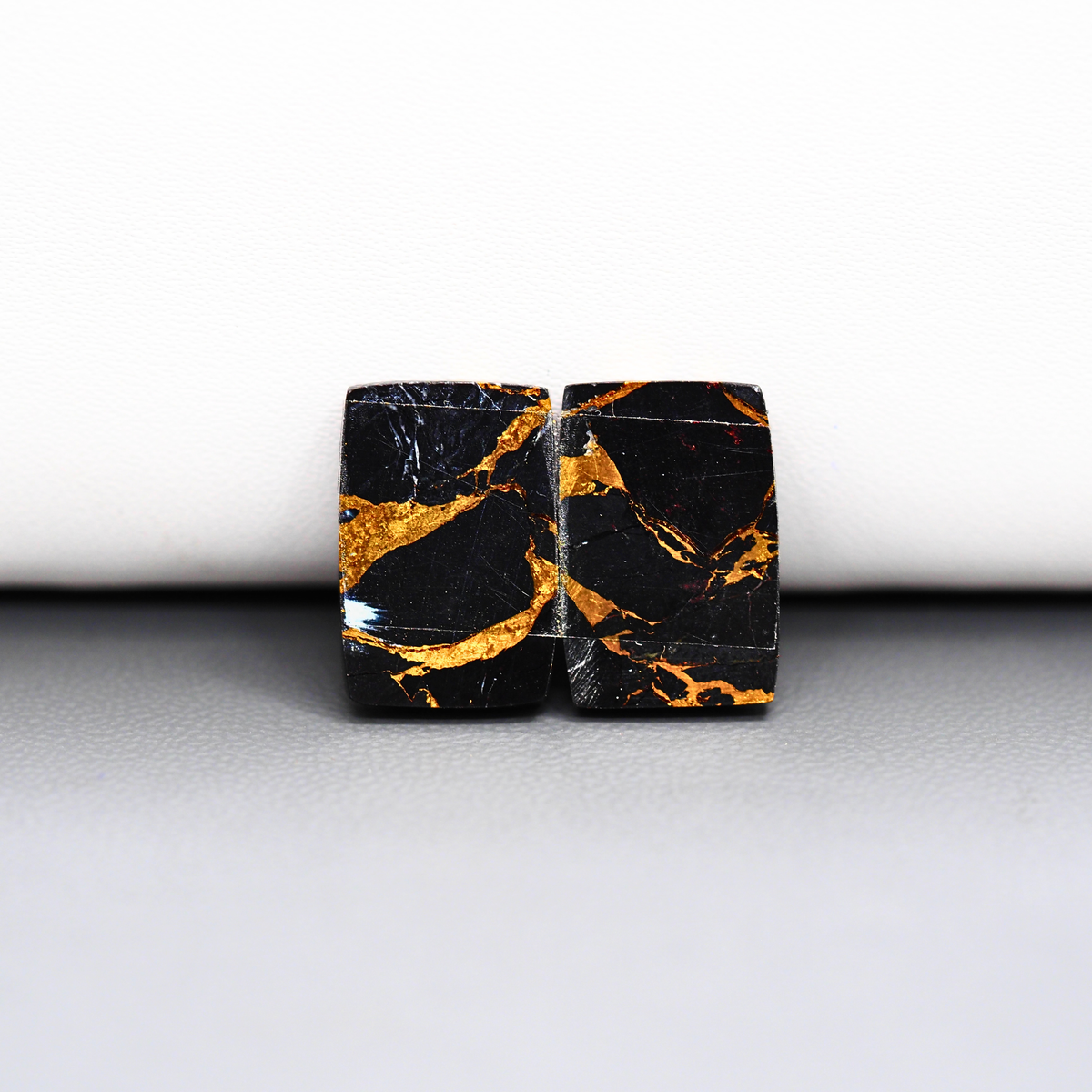 Kingman Black Buffalo Copper Composite Cushion Cabochon Pair 18x11x3mm 16.5ct - black stone with bright copper veins - Pedra Gems