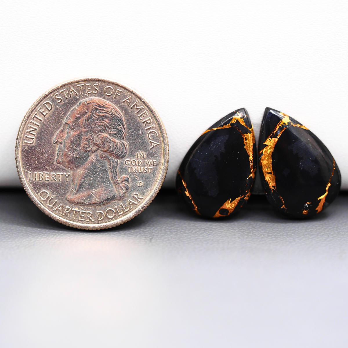 Kingman Black Buffalo Copper Composite Pear Cabochon Pair 18x12x3mm 12ct - black stone with bright copper veins - Pedra Gems