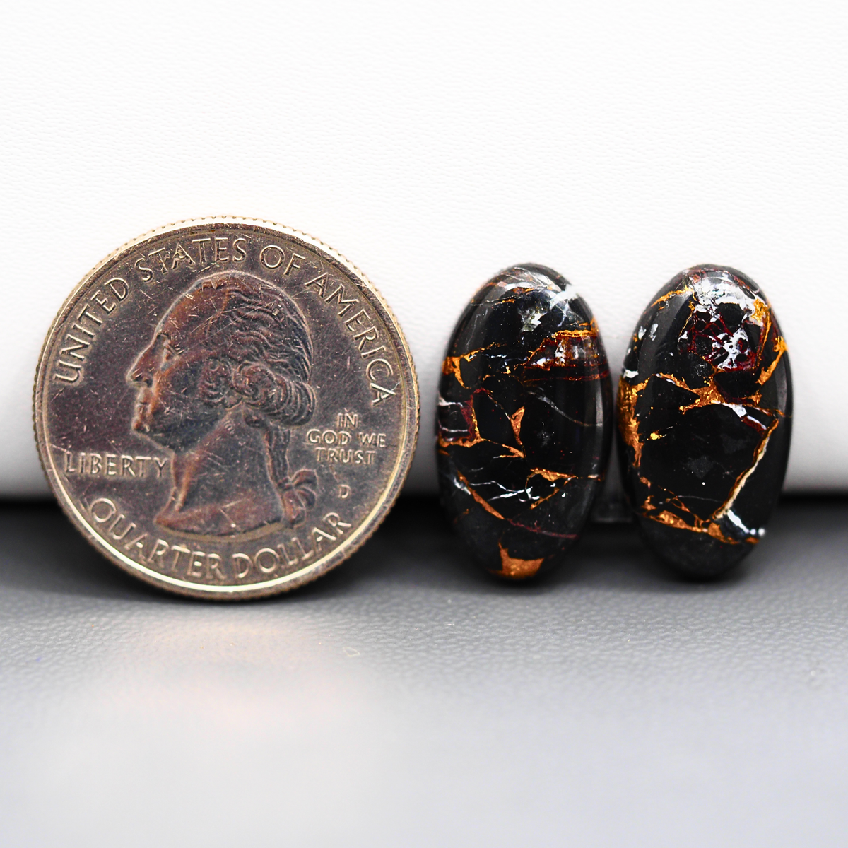 Kingman Black Buffalo Copper Composite Oval Cabochon Pair 20x11x3mm 14ct - black stone with bright copper veins - Pedra Gems