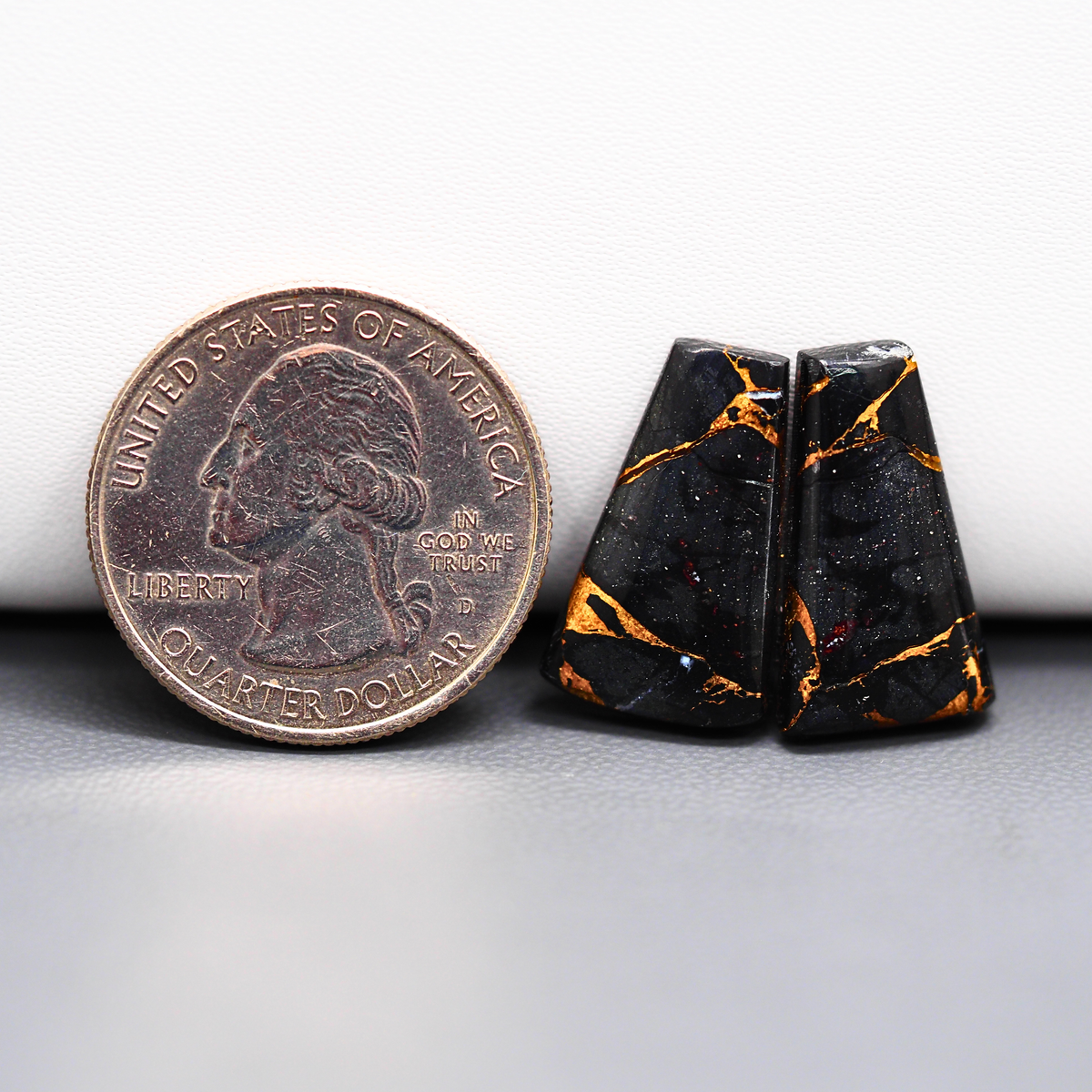 Kingman Black Buffalo Copper Composite Trapezoid Cabochon Pair 20x12x3mm 13ct - black stone with bright copper veins - Pedra Gems