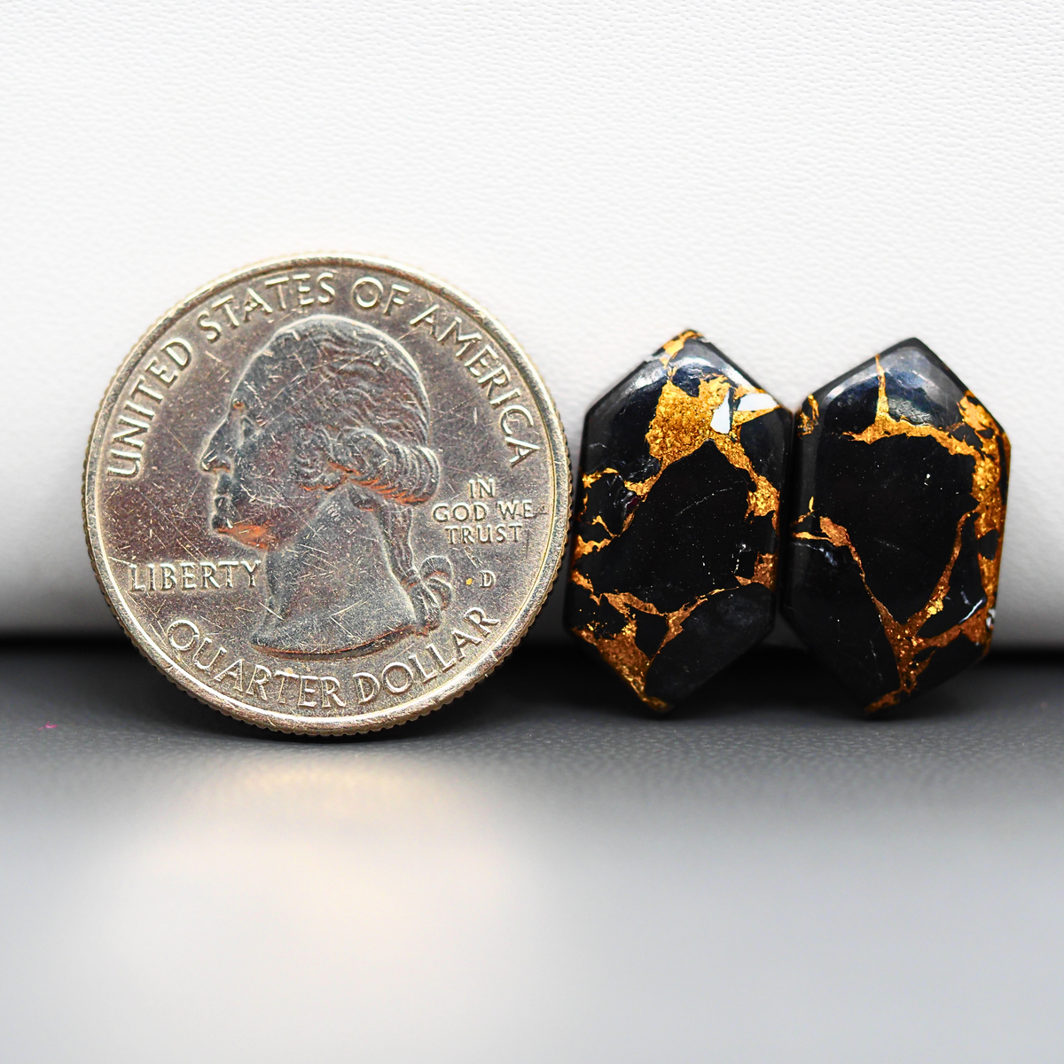 Kingman Black Buffalo Copper Composite Hexagon Cabochon Pair 15x10x4mm 13ct - black stone with bright copper veins - Pedra Gems