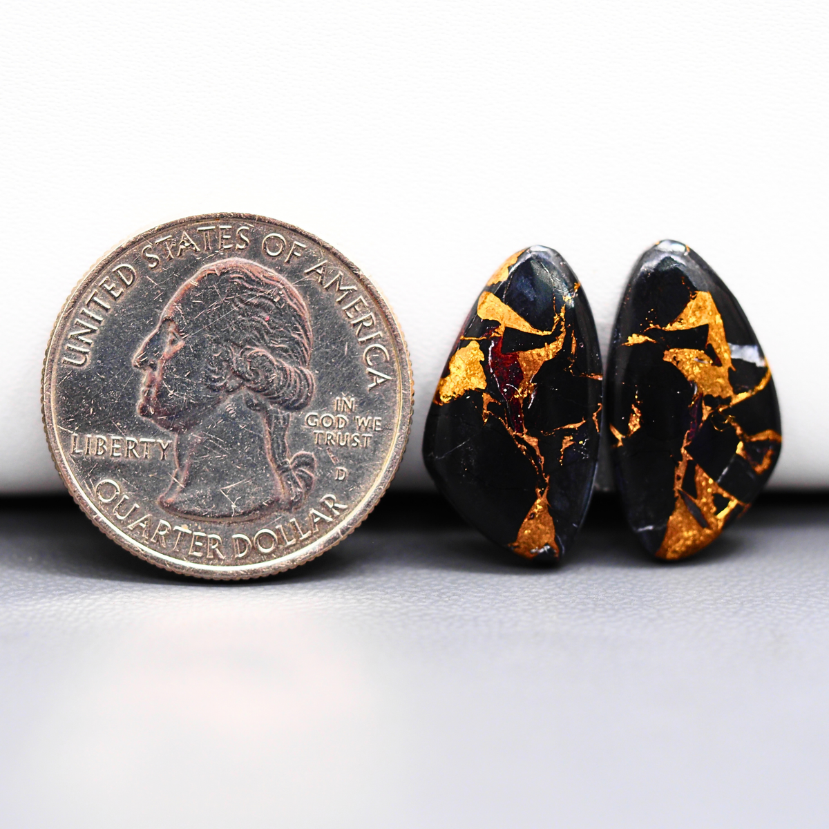 Kingman Black Buffalo Copper Composite Freeform Cabochon Pair 21x12x3mm 13.5ct - black stone with bright copper veins - Pedra Gems