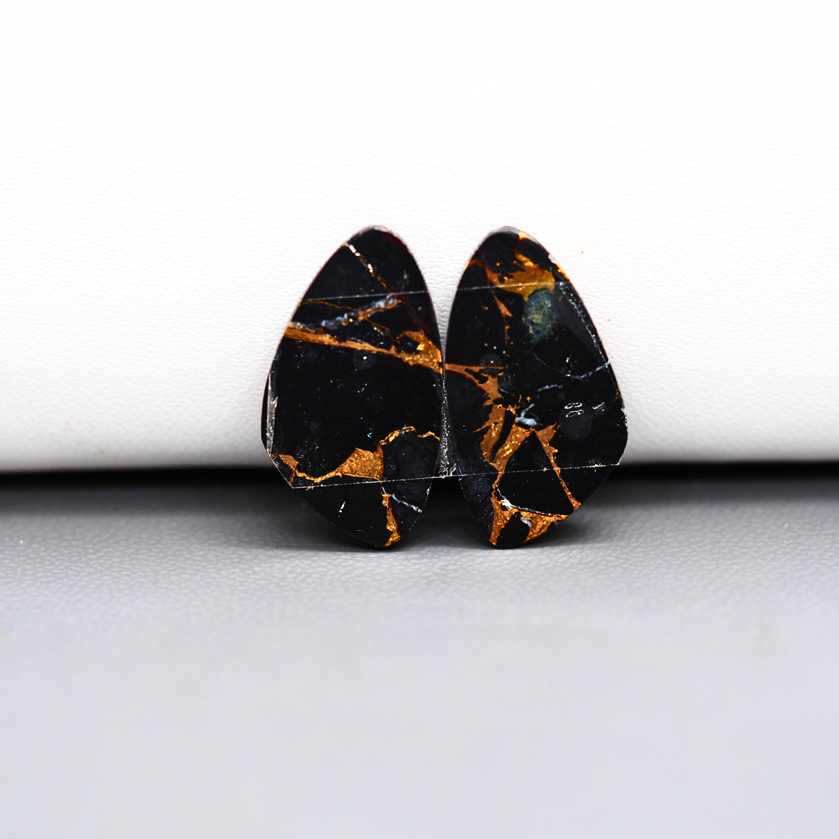 Kingman Black Buffalo Copper Composite Freeform Cabochon Pair 21x12x3mm 13.5ct - black stone with bright copper veins - Pedra Gems