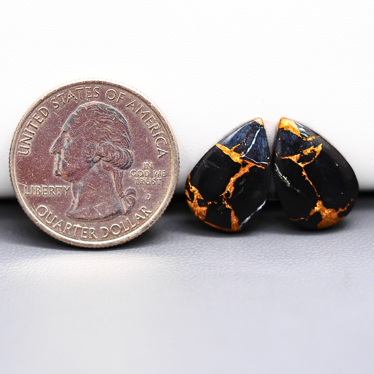 Kingman Black Buffalo Copper Composite Pear Cabochon Pair 17x11x3mm 12ct - black stone with bright copper veins - Pedra Gems