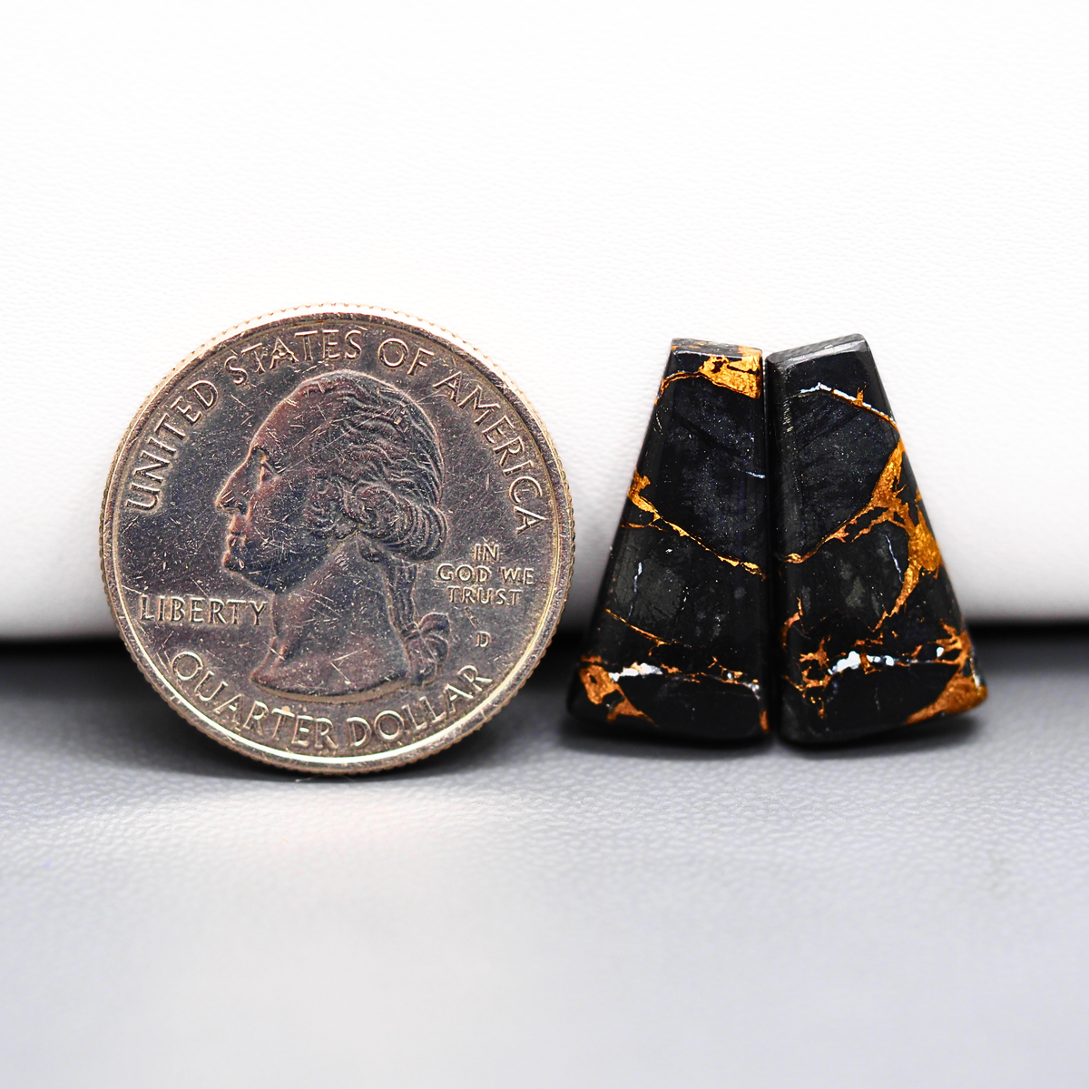 Kingman Black Buffalo Copper Composite Trapezoid Cabochon Pair 21x10x3mm 11.5ct - black stone with bright copper veins - Pedra Gems