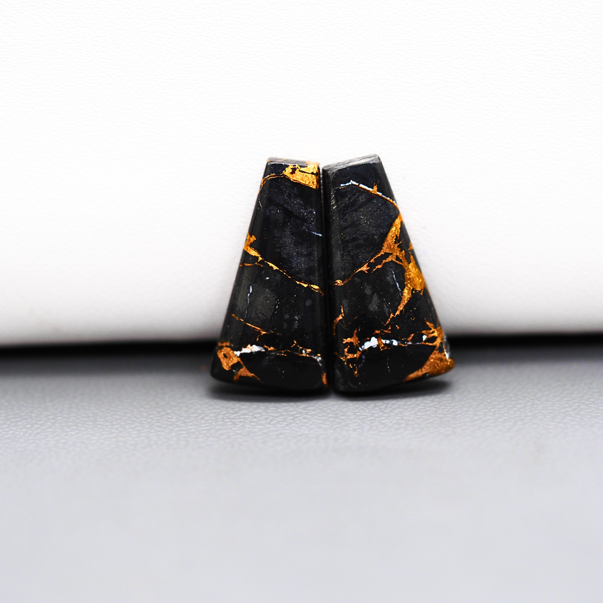 Kingman Black Buffalo Copper Composite Trapezoid Cabochon Pair 21x10x3mm 11.5ct - black stone with bright copper veins - Pedra Gems
