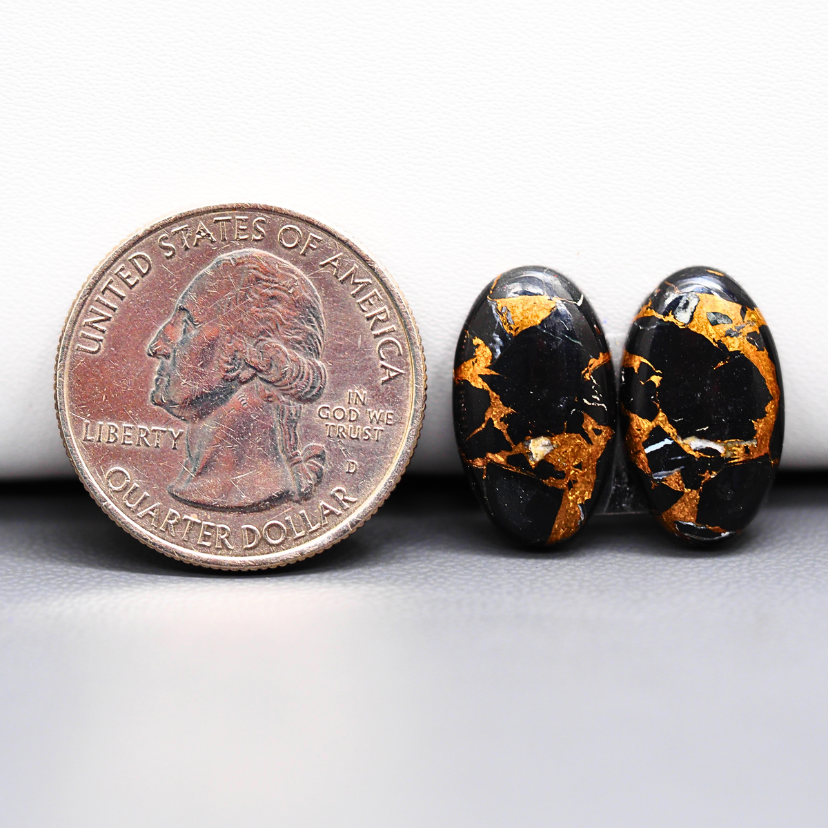 Kingman Black Buffalo Copper Composite Oval Cabochon Pair 18x11x3mm 12ct - black stone with bright copper veins - Pedra Gems