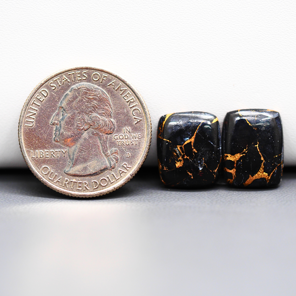 Kingman Black Buffalo Copper Composite Cushion Cabochon Pair 15x12x3mm 11.5ct - black stone with bright copper veins - Pedra Gems