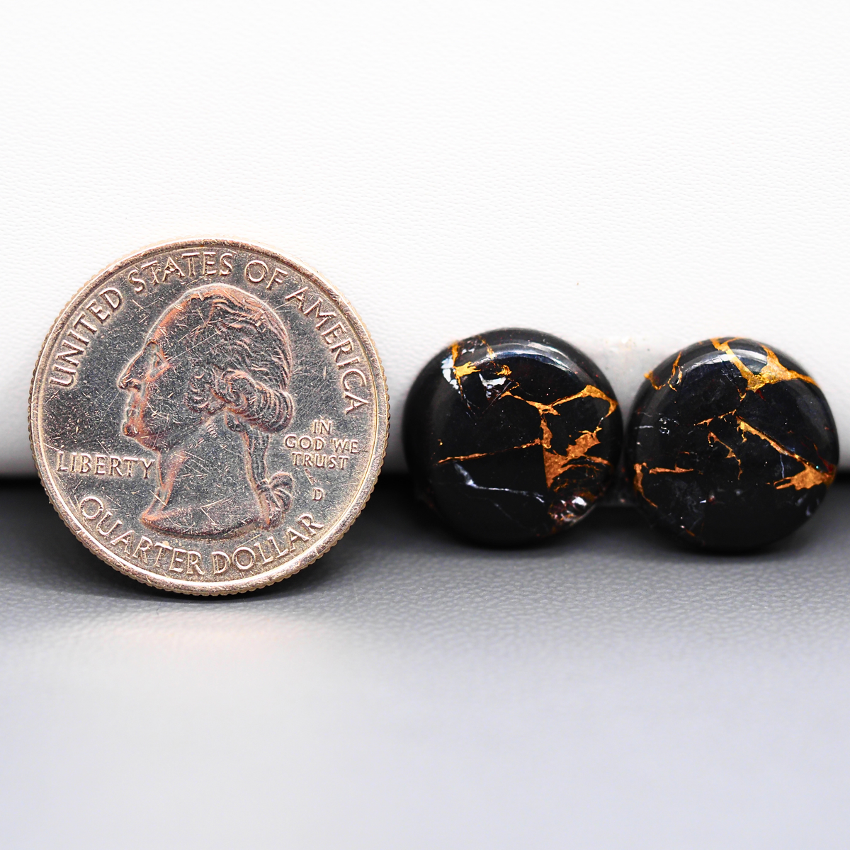 Kingman Black Buffalo Copper Composite Round Cabochon Pair 15x15x4mm 13.5ct - black stone with bright copper veins - Pedra Gems