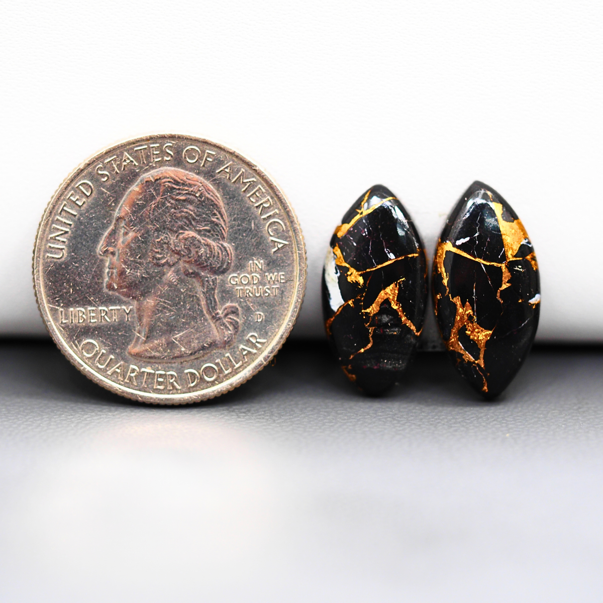 Kingman Black Buffalo Copper Composite Marquise Cabochon Pair 18x9x3mm 11ct - black stone with bright copper veins - Pedra Gems
