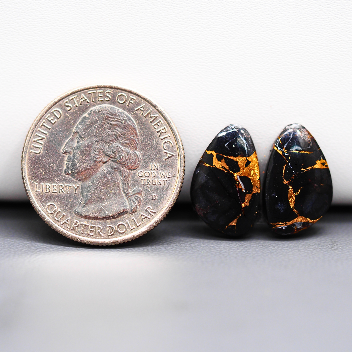 Kingman Black Buffalo Copper Composite Freeform Cabochon Pair 17x11x3mm 10ct - black stone with bright copper veins - Pedra Gems