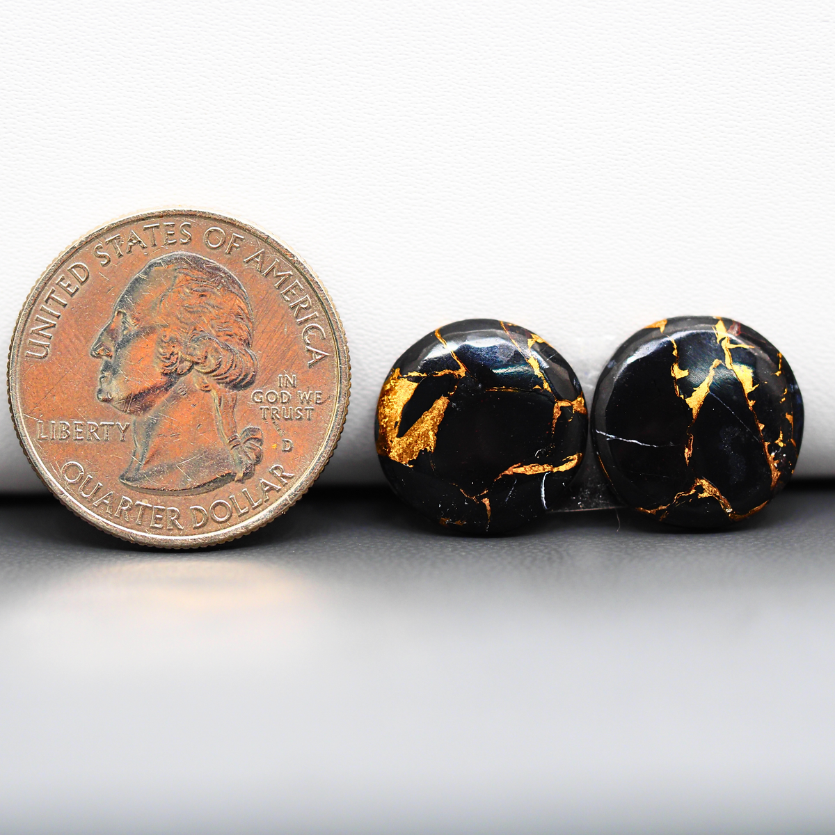 Kingman Black Buffalo Copper Composite Round Cabochon Pair 15x15x3mm 13ct - black stone with bright copper veins - Pedra Gems