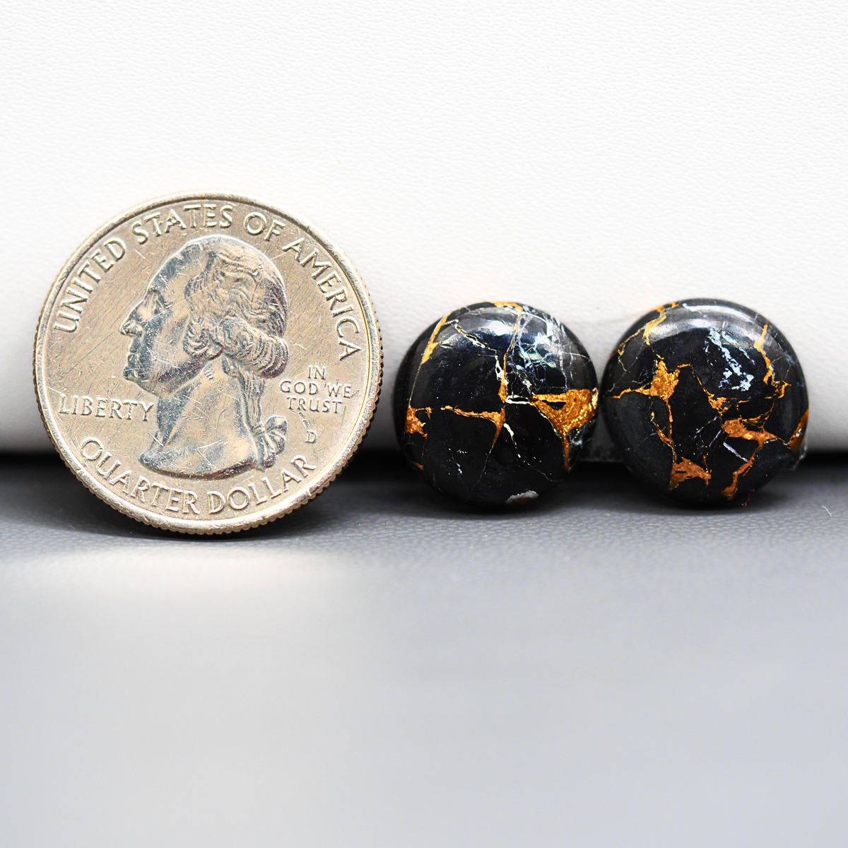 Kingman Black Buffalo Copper Composite Round Cabochon Pair 14x14x4mm 14.5ct - black stone with bright copper veins - Pedra Gems