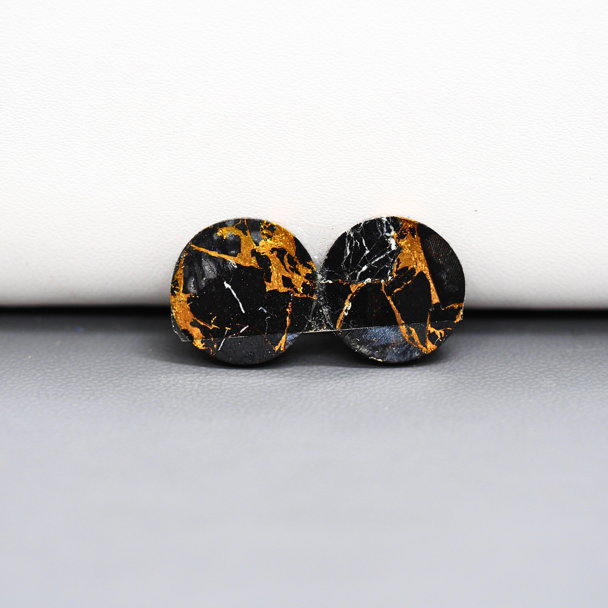 Kingman Black Buffalo Copper Composite Round Cabochon Pair 14x14x4mm 14.5ct - black stone with bright copper veins - Pedra Gems