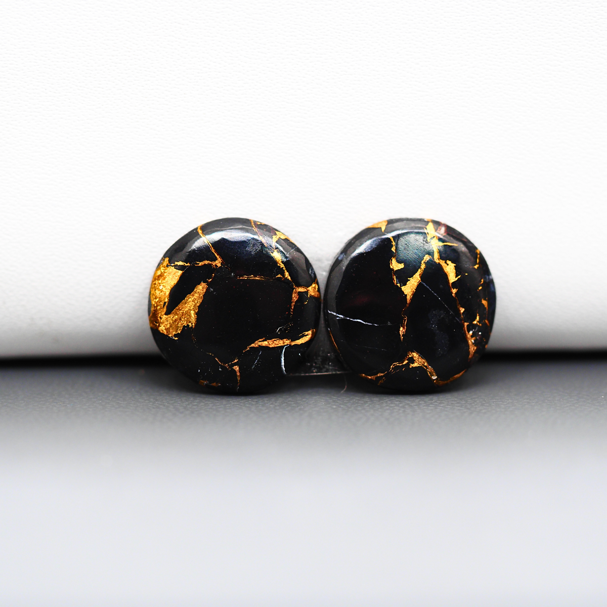 Kingman Black Buffalo Copper Composite Round Cabochon Pair 15x15x3mm 13ct - black stone with bright copper veins - Pedra Gems