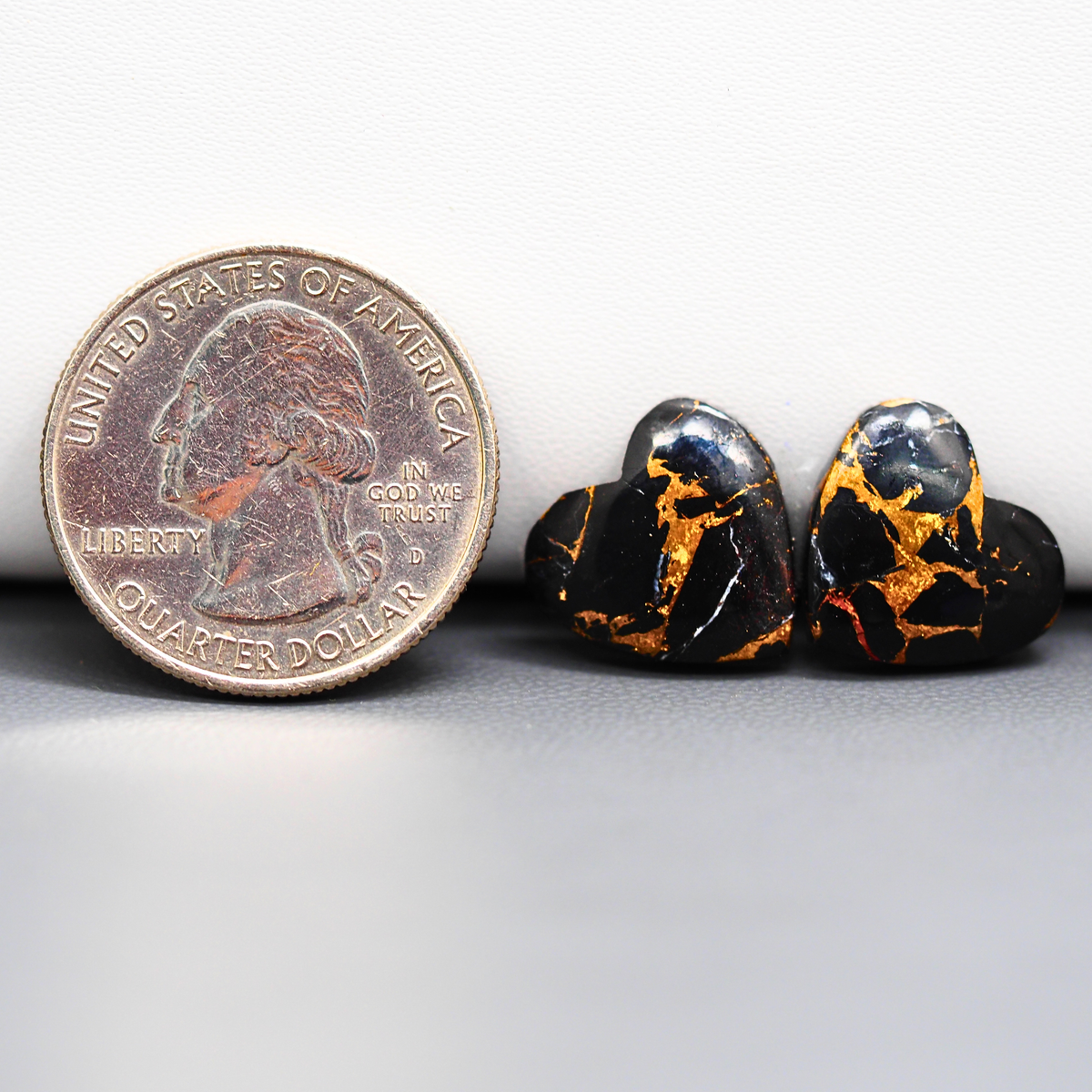 Kingman Black Buffalo Copper Composite Heart Cabochon Pair 14x14x4mm 12ct - black stone with bright copper veins - Pedra Gems
