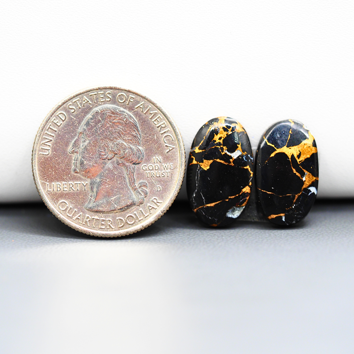 Kingman Black Buffalo Copper Composite Oval Cabochon Pair 17x10x3mm 11.5ct - black stone with bright copper veins - Pedra Gems