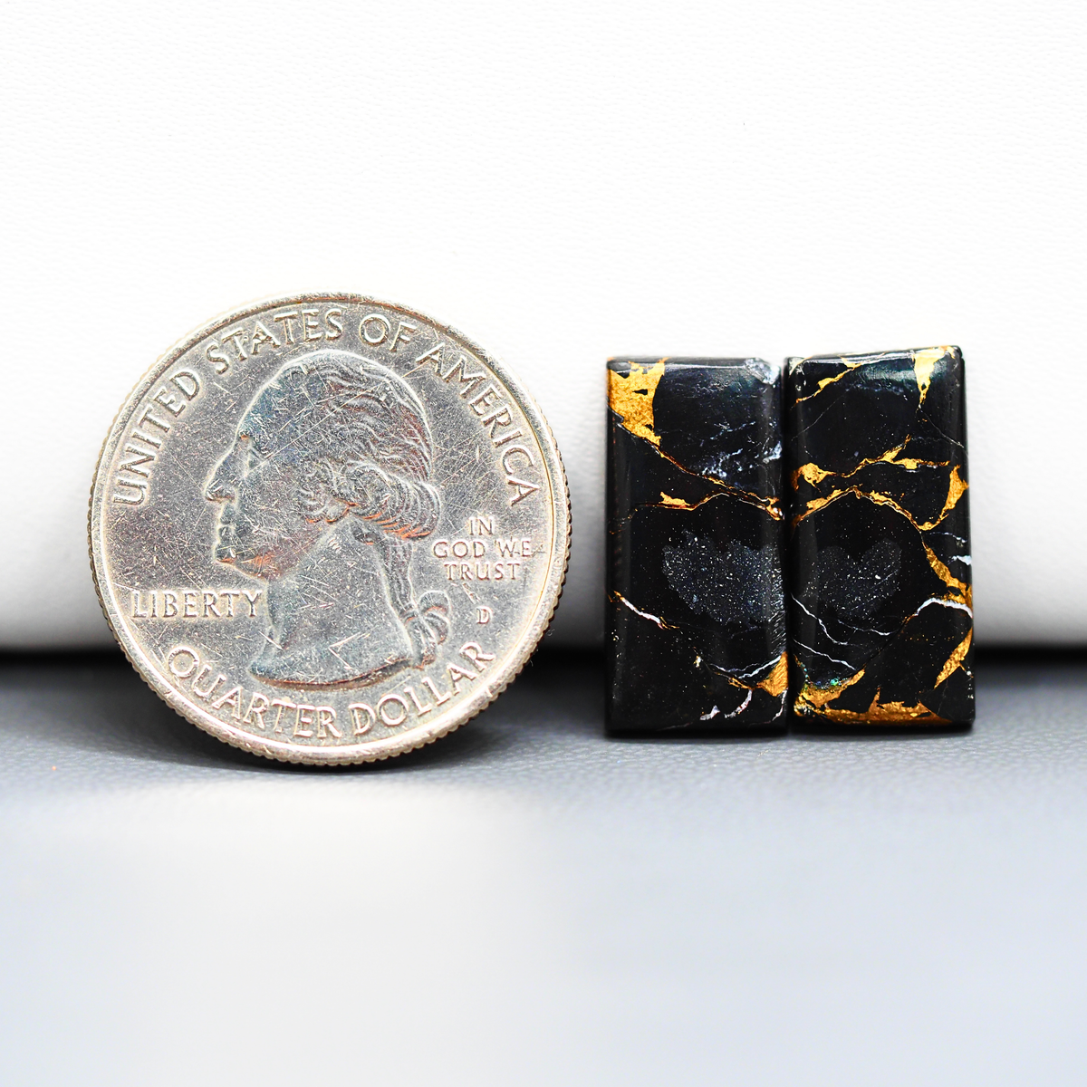 Kingman Black Buffalo Copper Composite Baguette Cabochon Pair 20x9x3mm 12.5ct - black stone with bright copper veins - Pedra Gems