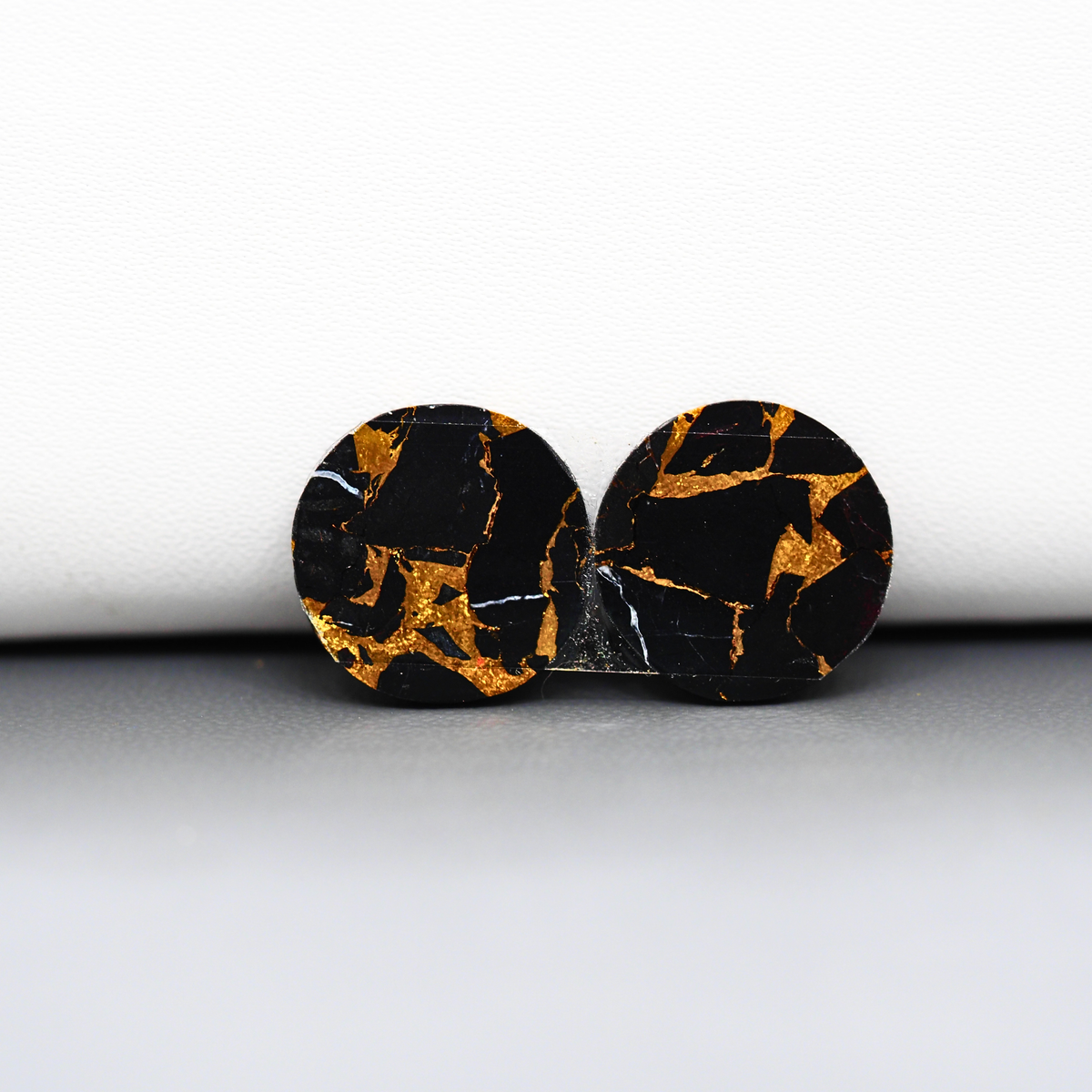 Kingman Black Buffalo Copper Composite Round Cabochon Pair 15x15x3mm 13ct - black stone with bright copper veins - Pedra Gems