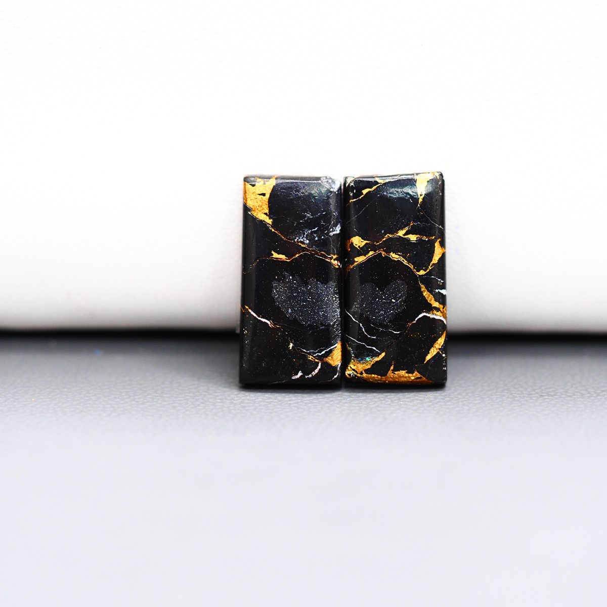 Kingman Black Buffalo Copper Composite Baguette Cabochon Pair 20x9x3mm 12.5ct - black stone with bright copper veins - Pedra Gems