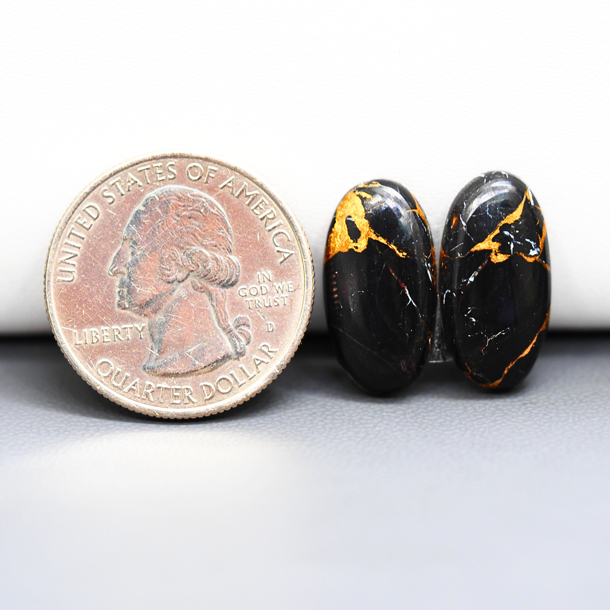 Kingman Black Buffalo Copper Composite Oval Cabochon Pair 20x10x3mm 13ct - black stone with bright copper veins - Pedra Gems