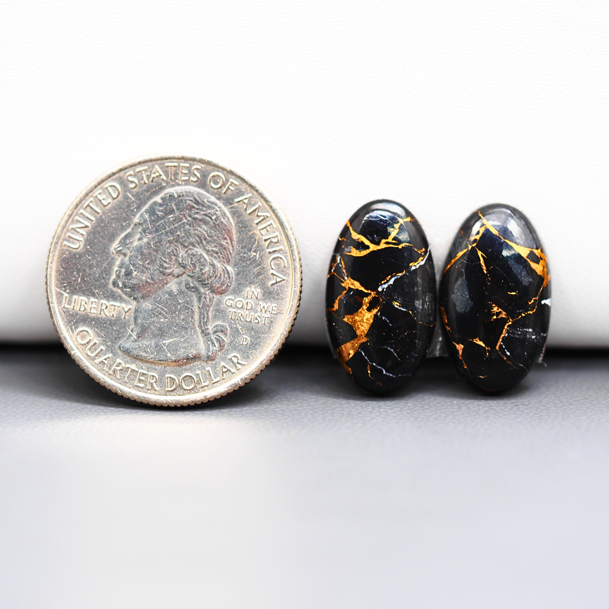 Kingman Black Buffalo Copper Composite Oval Cabochon Pair 18x11x3mm 12ct - black stone with bright copper veins - Pedra Gems