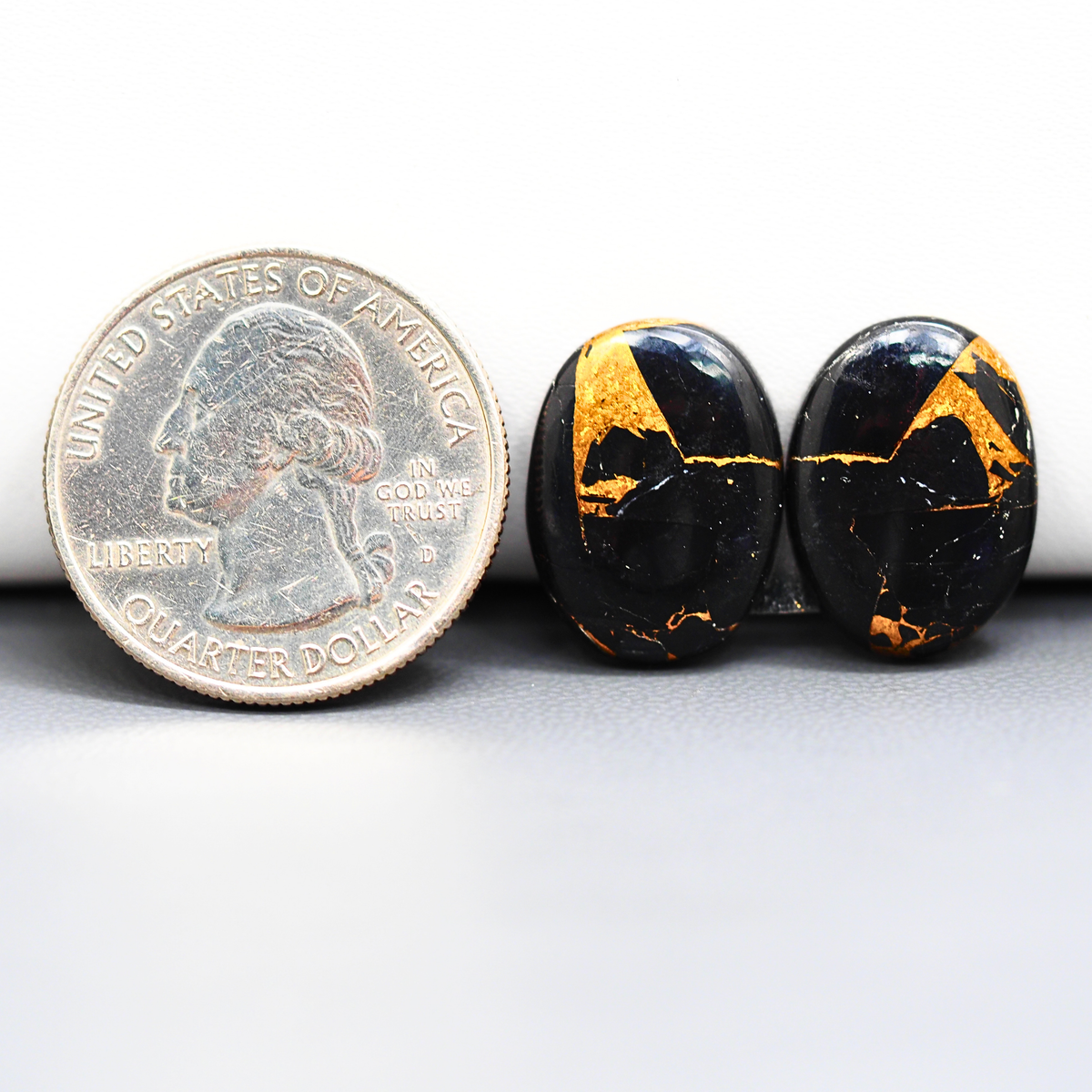 Kingman Black Buffalo Copper Composite Oval Cabochon Pair 16x12x3mm 14ct - black stone with bright copper veins - Pedra Gems