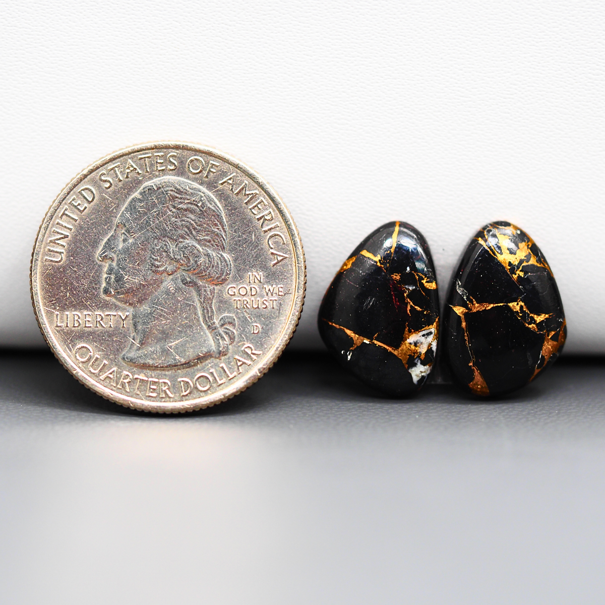 Kingman Black Buffalo Copper Composite Freeform Cabochon Pair 16x11x3mm 10ct - black stone with bright copper veins - Pedra Gems