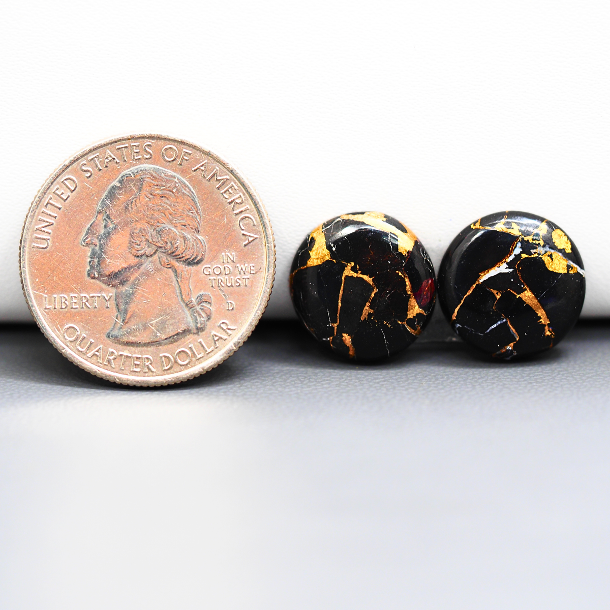 Kingman Black Buffalo Copper Composite Round Cabochon Pair 14x14x4mm 13ct - black stone with bright copper veins - Pedra Gems