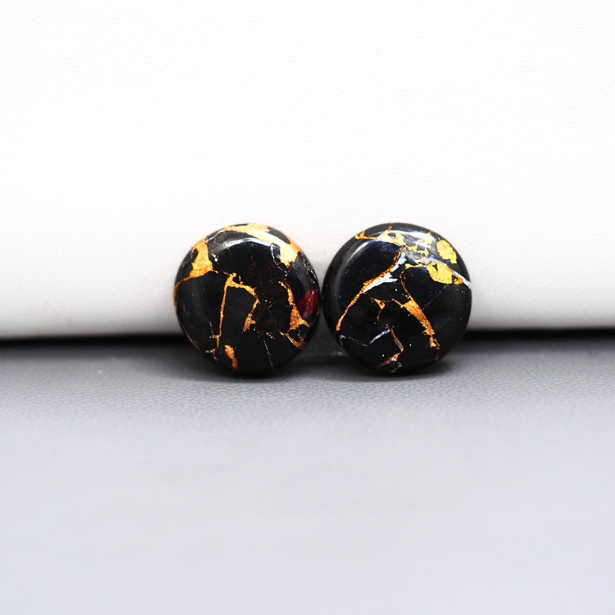 Kingman Black Buffalo Copper Composite Round Cabochon Pair 14x14x4mm 13ct - black stone with bright copper veins - Pedra Gems