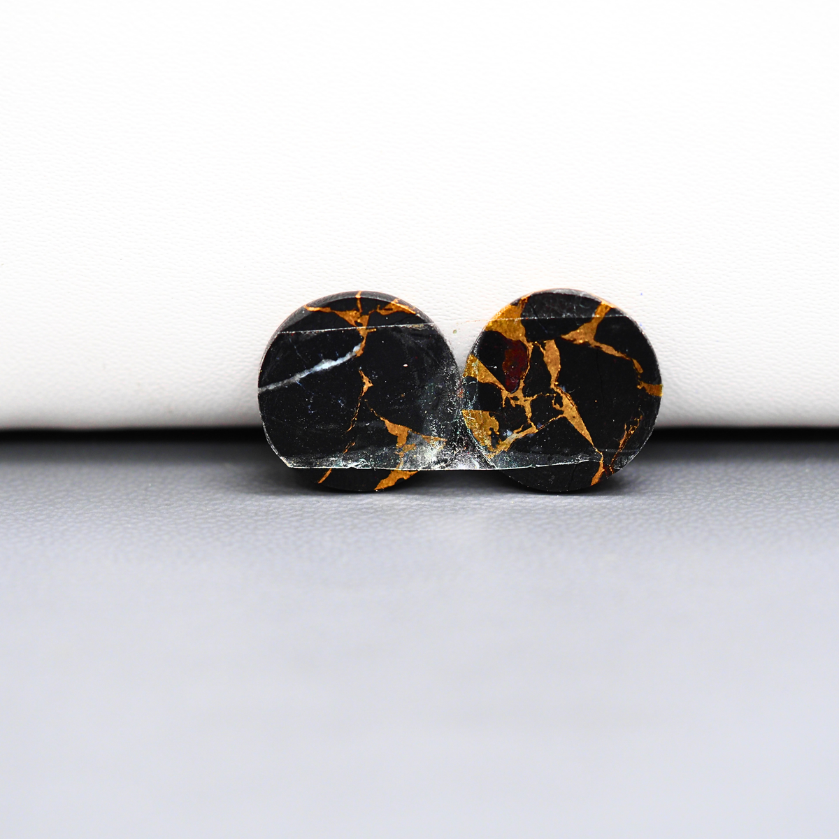 Kingman Black Buffalo Copper Composite Round Cabochon Pair 14x14x4mm 13ct - black stone with bright copper veins - Pedra Gems
