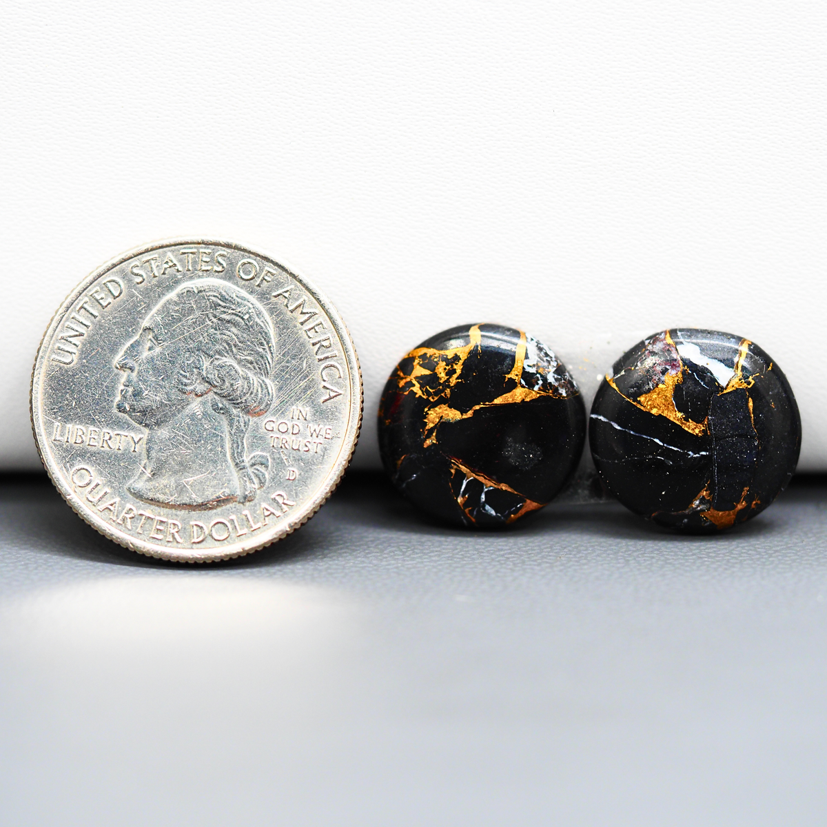 Kingman Black Buffalo Copper Composite Round Cabochon Pair 15x15x3mm 13.5ct - black stone with bright copper veins - Pedra Gems