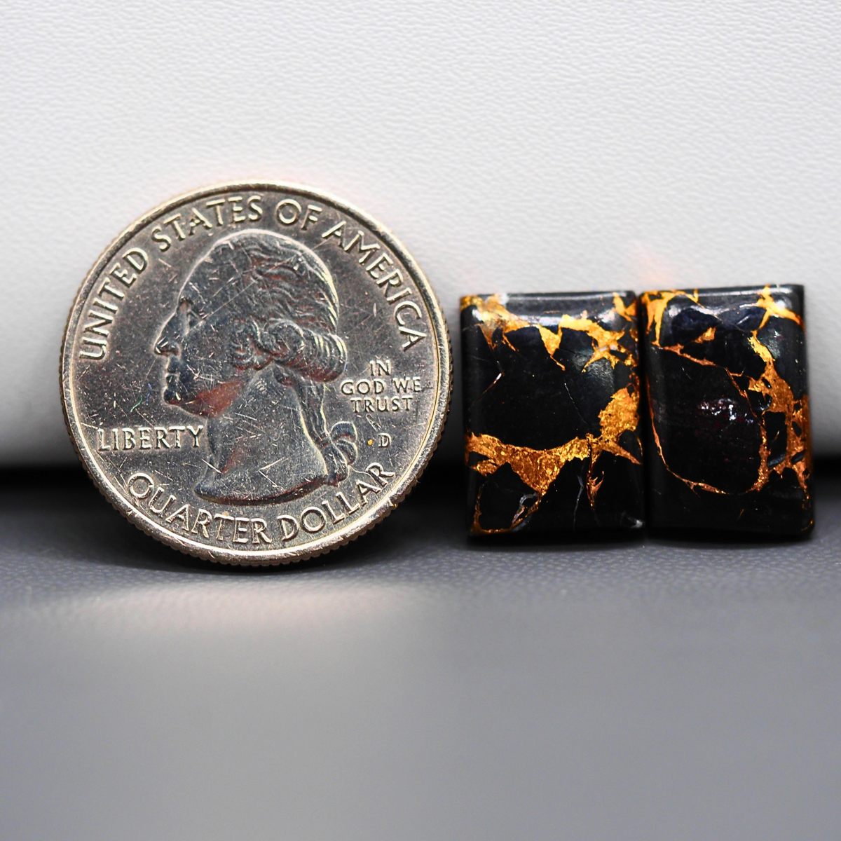 Kingman Black Buffalo Copper Composite Rectangle Cabochon Pair 15x11x3mm 14ct - black stone with bright copper veins - Pedra Gems