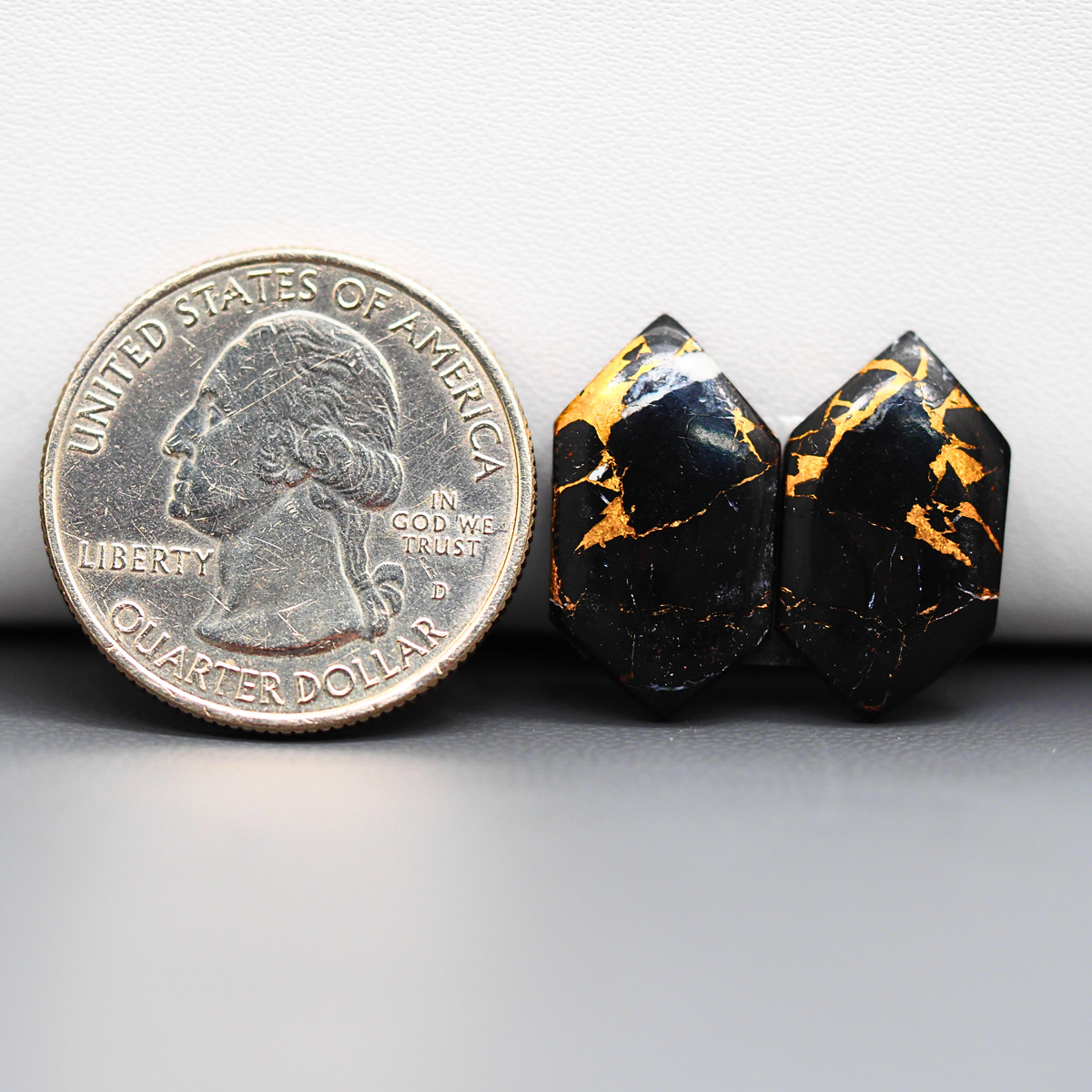 Kingman Black Buffalo Copper Composite Hexagon Cabochon Pair 19x11x3mm 13ct - black stone with bright copper veins - Pedra Gems