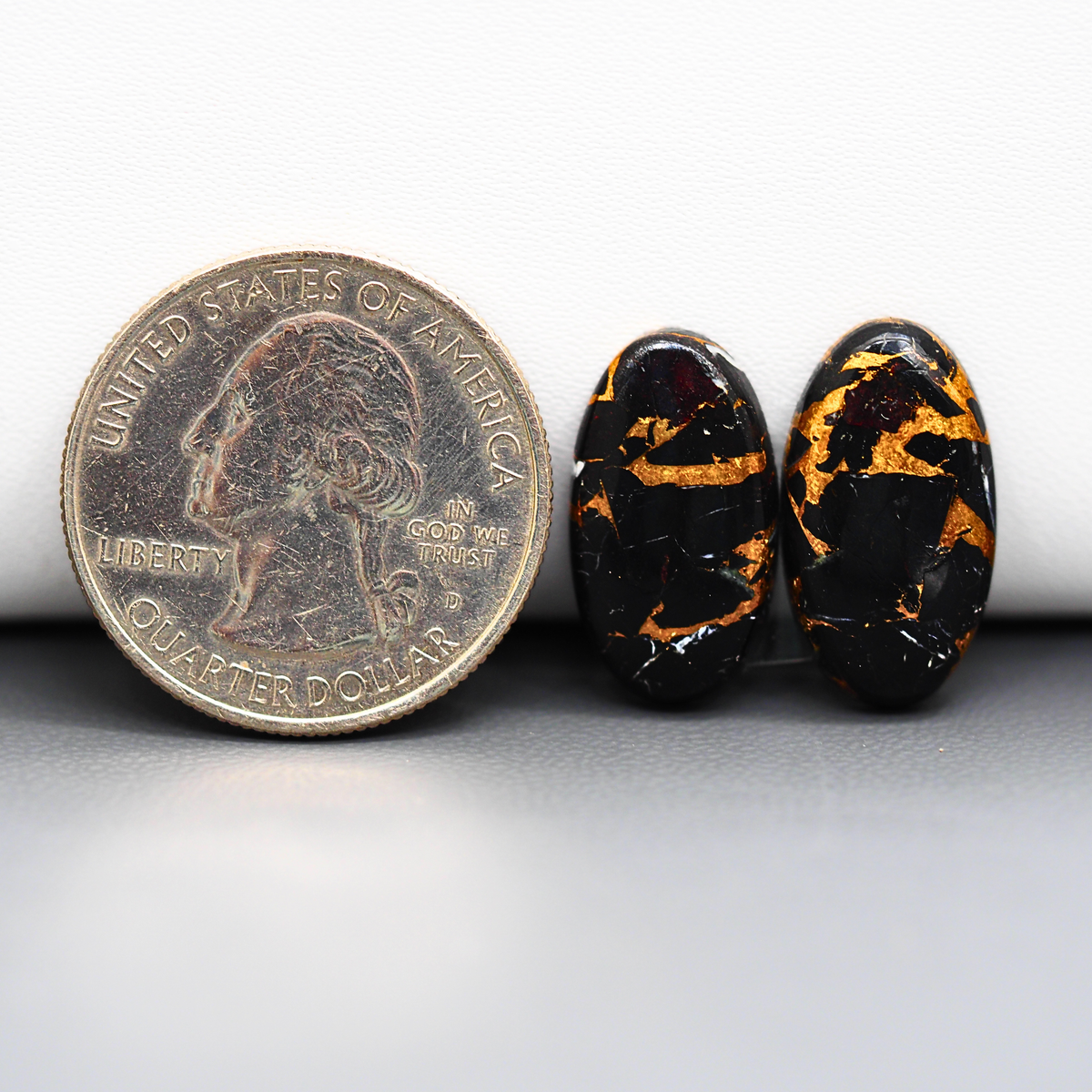 Kingman Black Buffalo Copper Composite Oval Cabochon Pair 19x10x3mm 12.5ct - black stone with bright copper veins - Pedra Gems