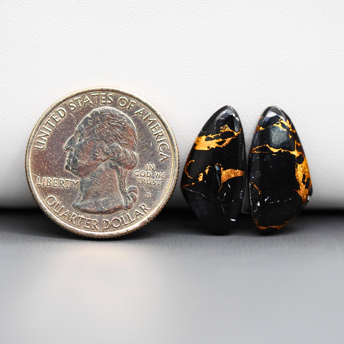 Kingman Black Buffalo Copper Composite Freeform Cabochon Pair 20x10x3mm 10.5ct - black stone with bright copper veins - Pedra Gems