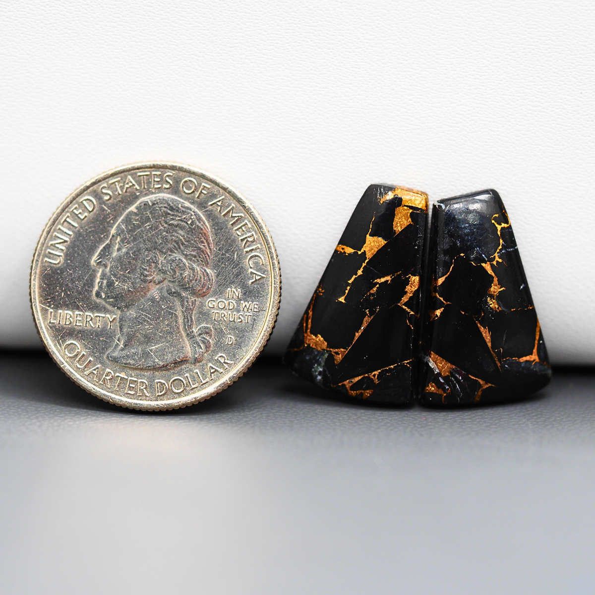 Kingman Black Buffalo Copper Composite Trapezoid Cabochon Pair 20x13x4mm 17ct - black stone with bright copper veins - Pedra Gems