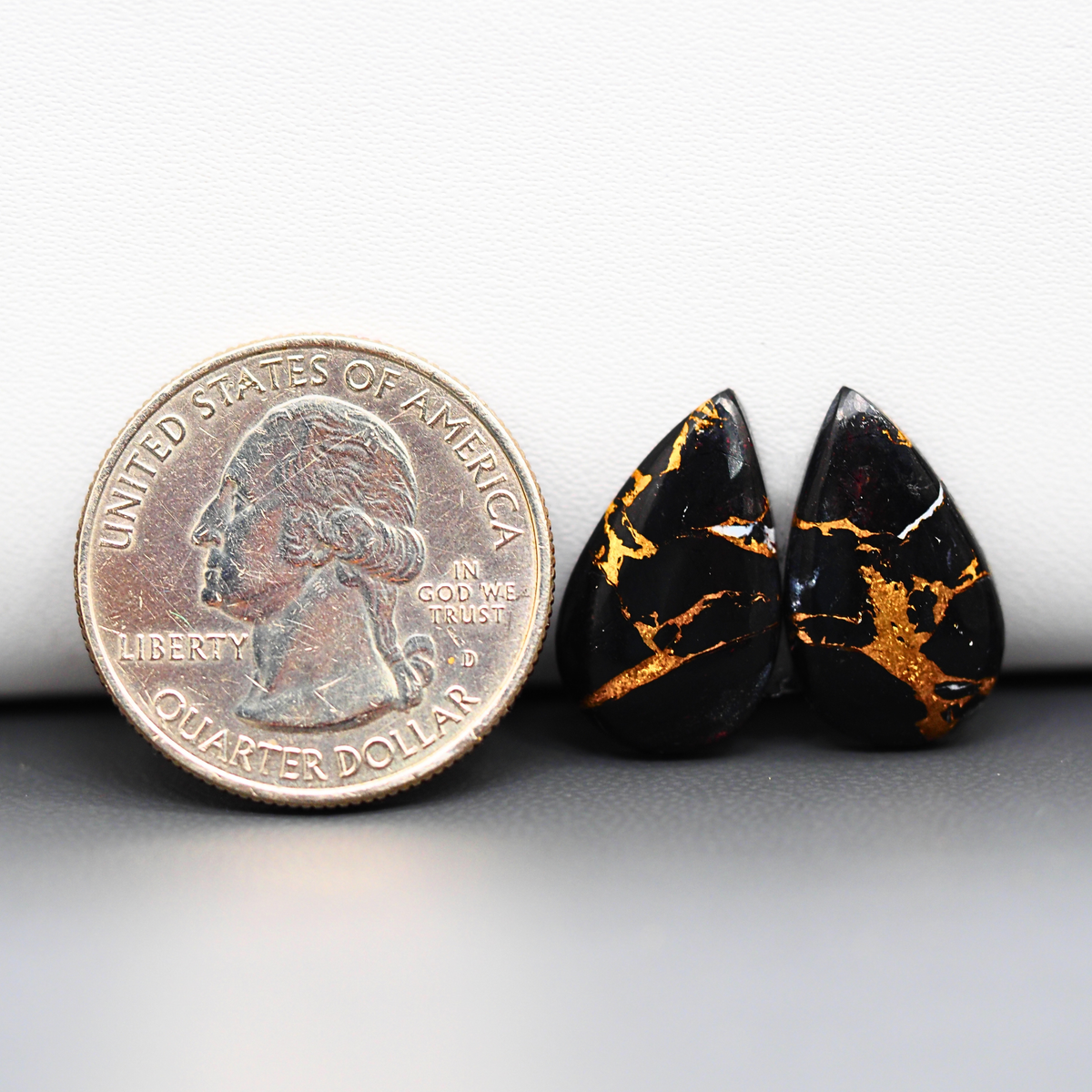 Kingman Black Buffalo Copper Composite Pear Cabochon Pair 19x11x3mm 10.5ct - black stone with bright copper veins - Pedra Gems