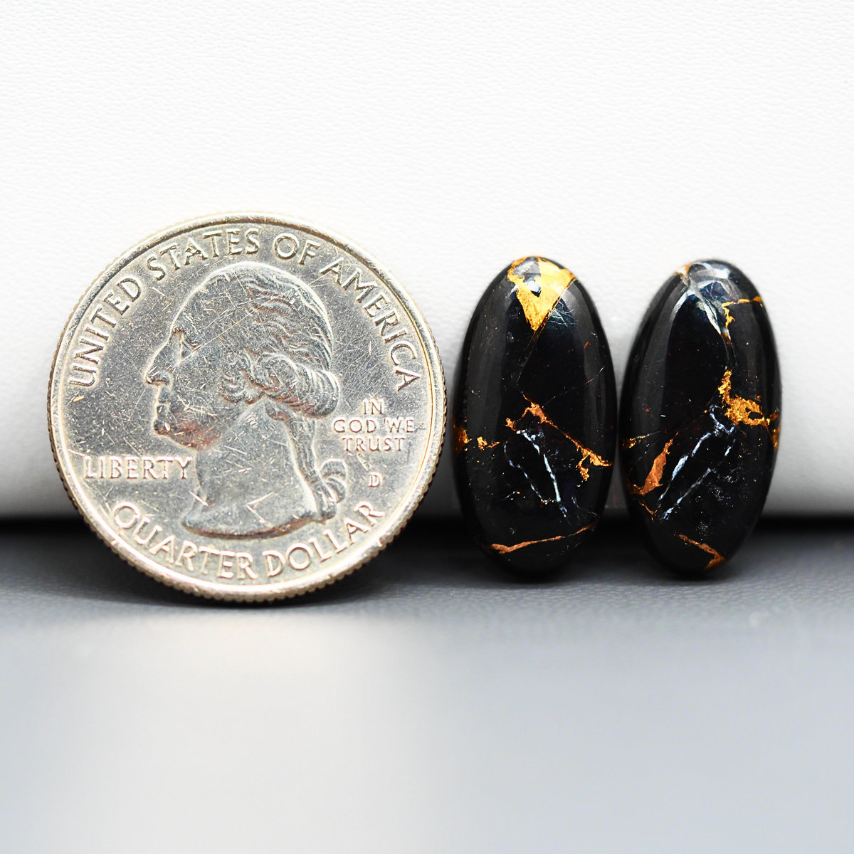 Kingman Black Buffalo Copper Composite Oval Cabochon Pair 19x10x3mm 13.5ct - black stone with bright copper veins - Pedra Gems