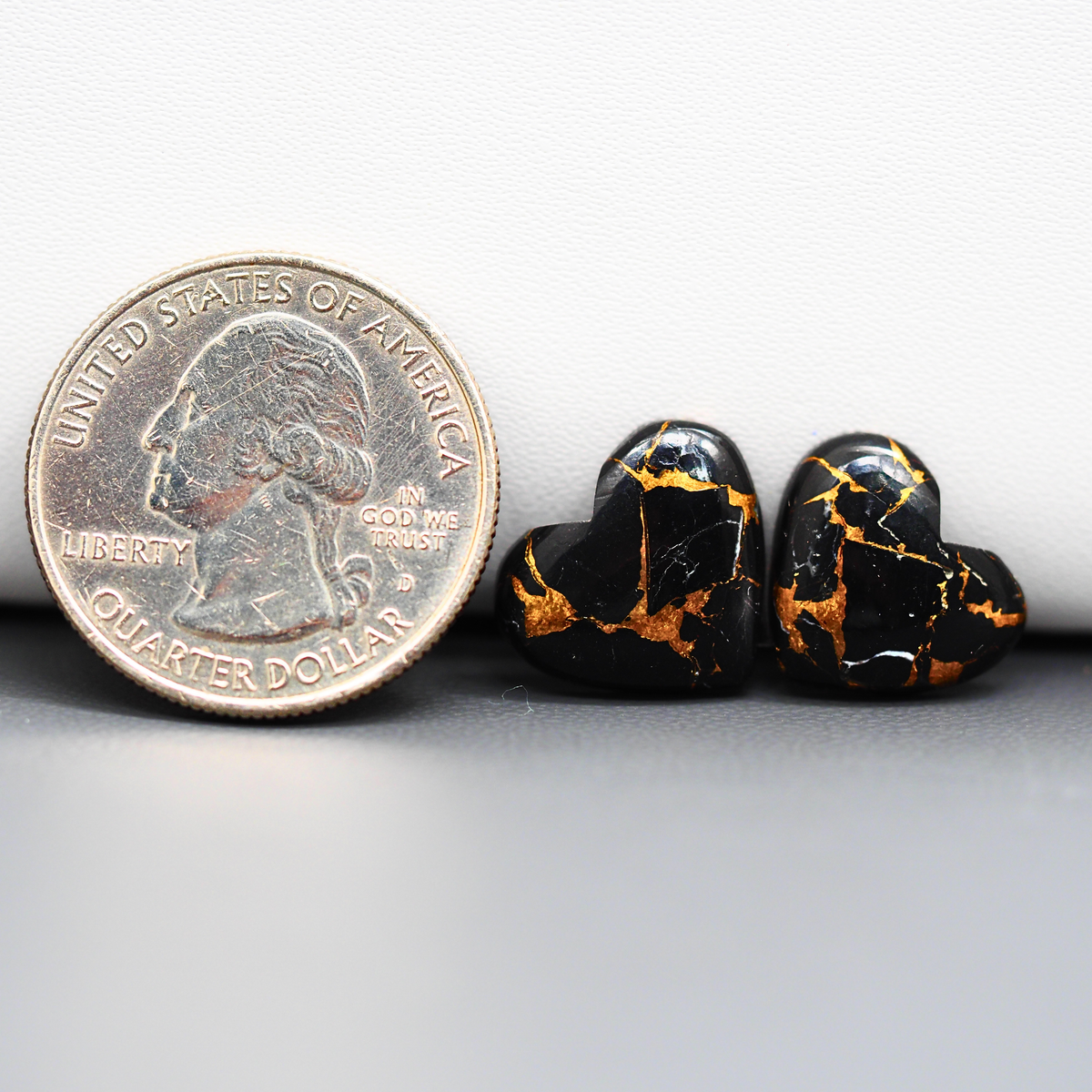 Kingman Black Buffalo Copper Composite Heart Cabochon Pair 13x15x3mm 11.5ct - black stone with bright copper veins - Pedra Gems