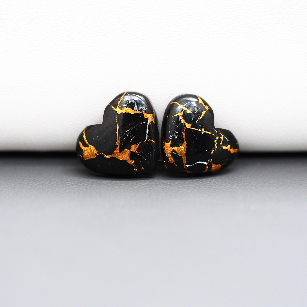 Kingman Black Buffalo Copper Composite Heart Cabochon Pair 13x15x3mm 11.5ct - black stone with bright copper veins - Pedra Gems