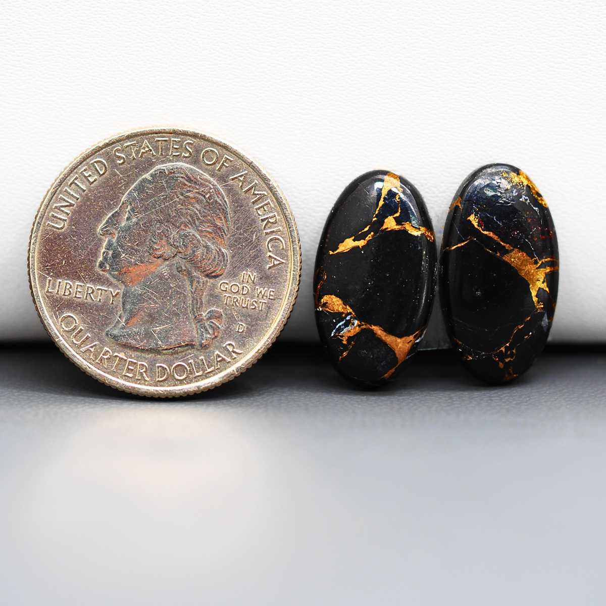 Kingman Black Buffalo Copper Composite Oval Cabochon Pair 19x11x3mm 13.5ct - black stone with bright copper veins - Pedra Gems