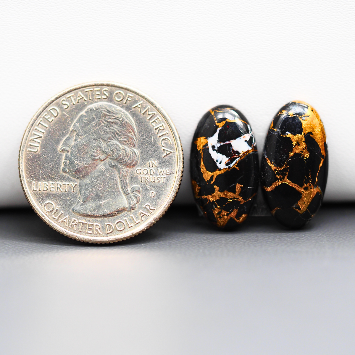 Kingman Black Buffalo Copper Composite Oval Cabochon Pair 19x10x4mm 13ct - black stone with bright copper veins - Pedra Gems