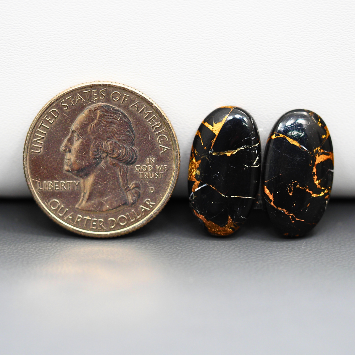 Kingman Black Buffalo Copper Composite Oval Cabochon Pair 20x11x3mm 12.5ct - black stone with bright copper veins - Pedra Gems