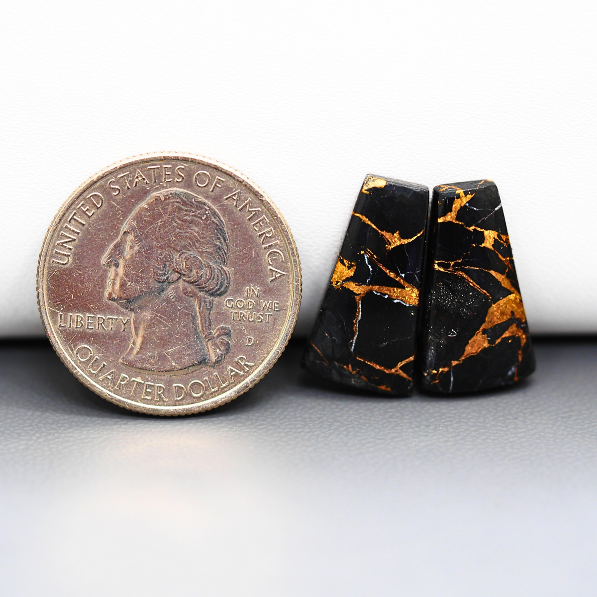 Kingman Black Buffalo Copper Composite Trapezoid Cabochon Pair 19x11x3mm 13.5ct - black stone with bright copper veins - Pedra Gems