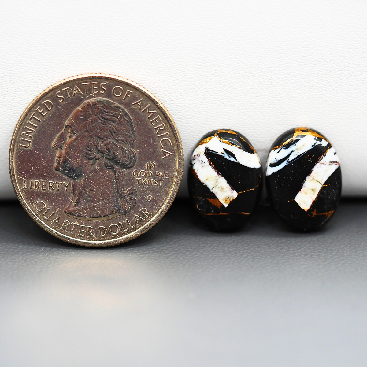 Kingman Black Buffalo Copper Composite Oval Cabochon Pair 14x11x4mm 10ct - black stone with bright copper veins - Pedra Gems