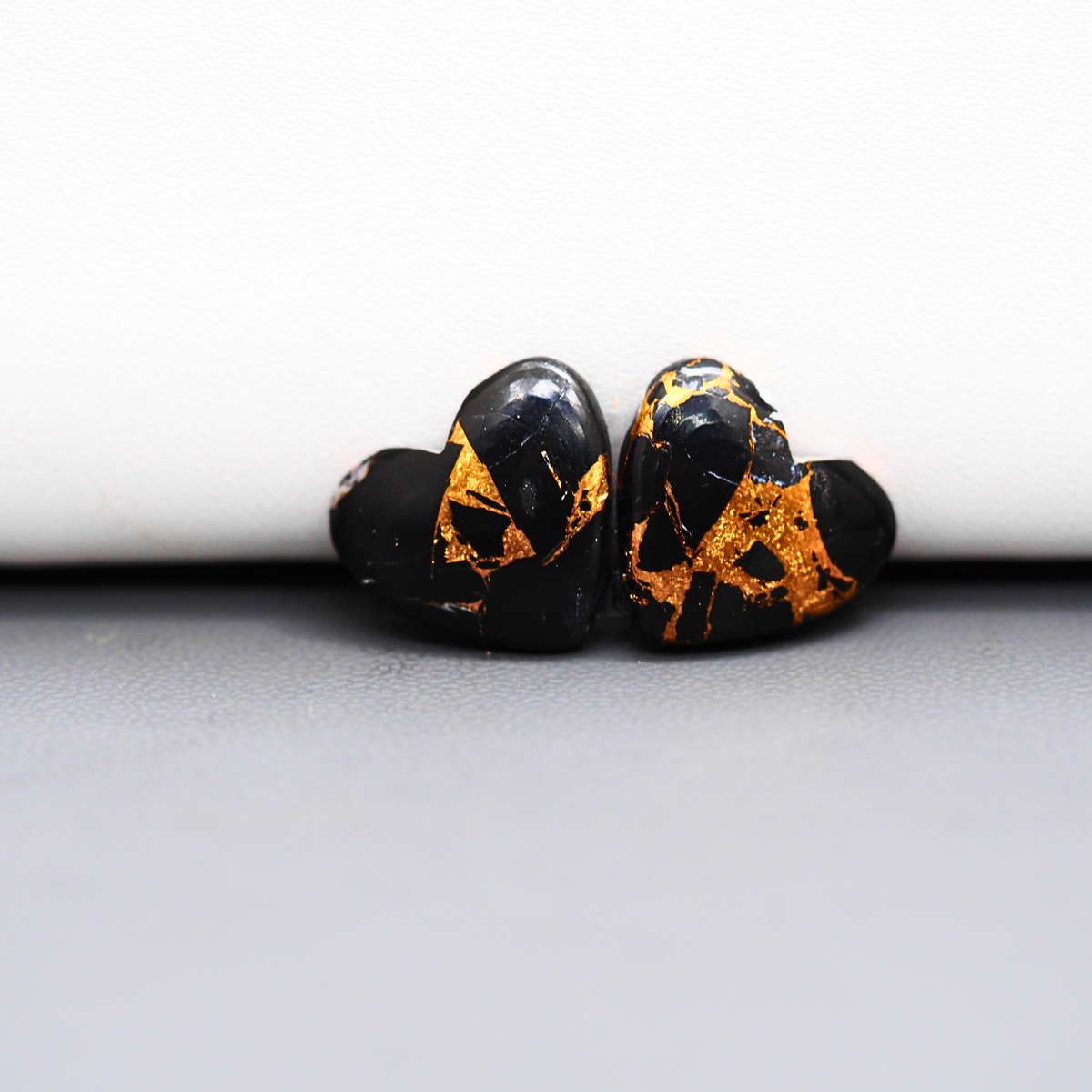 Kingman Black Buffalo Copper Composite Heart Cabochon Pair 15x15x3mm 11.5ct - black stone with bright copper veins - Pedra Gems