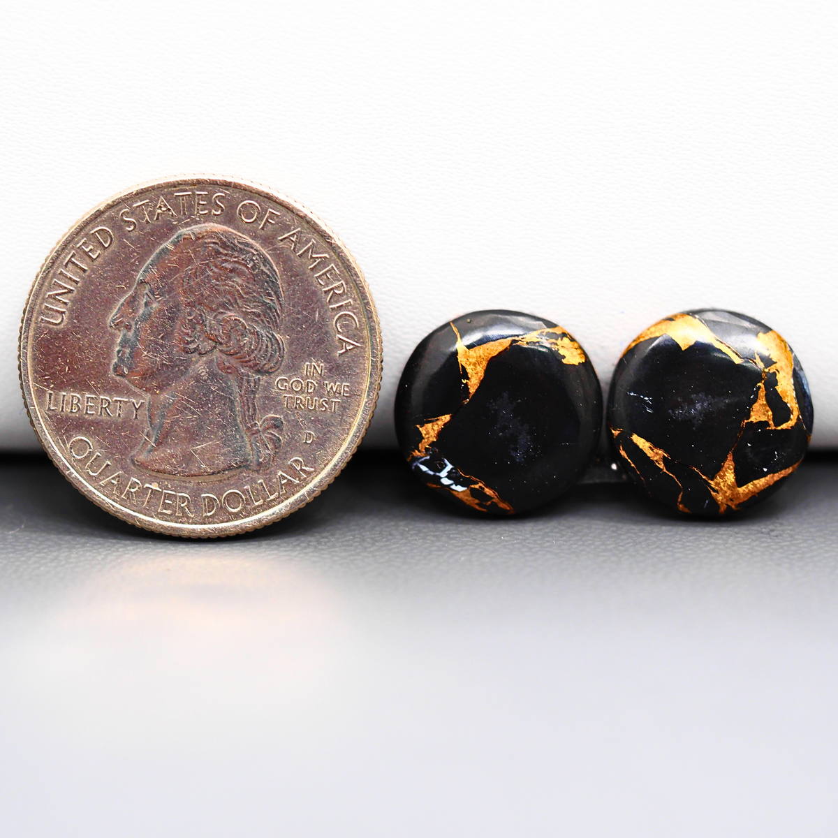 Kingman Black Buffalo Copper Composite Round Cabochon Pair 14x14x3mm 11ct - black stone with bright copper veins - Pedra Gems