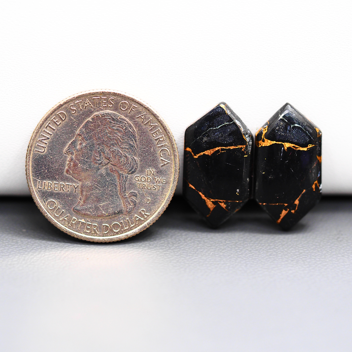 Kingman Black Buffalo Copper Composite Hexagon Cabochon Pair 20x11x3mm 12ct - black stone with bright copper veins - Pedra Gems